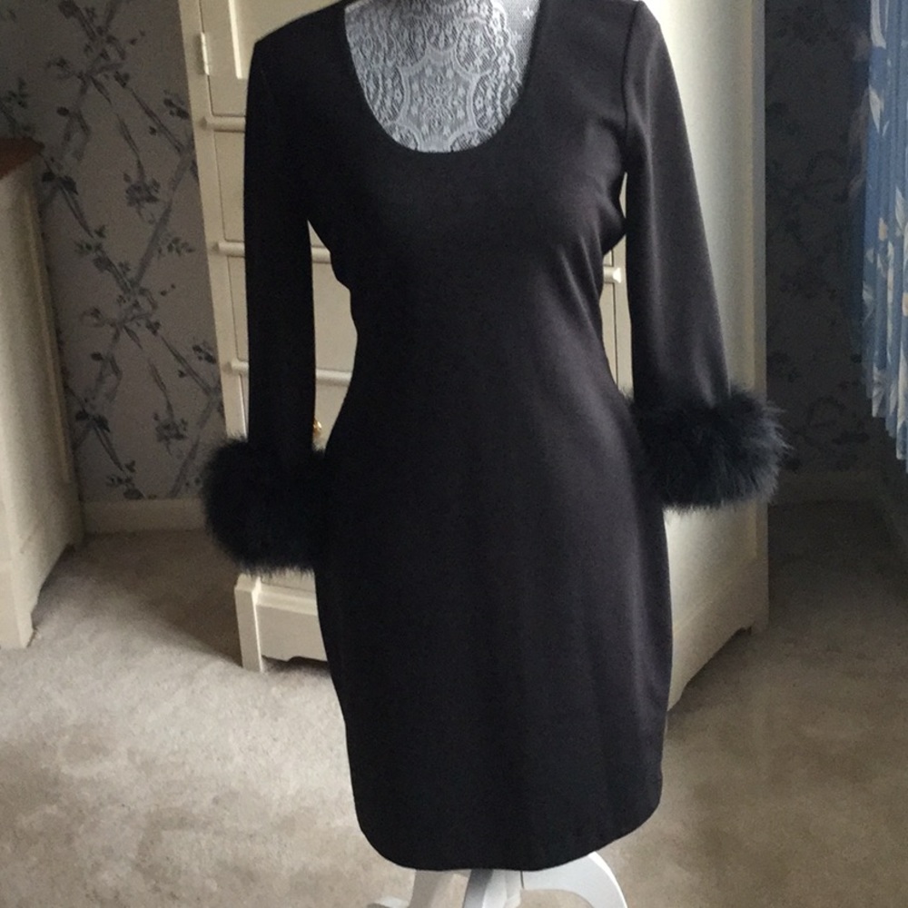 Calvin Klein Black Marabou Feather Cuff Dress Sz 4
